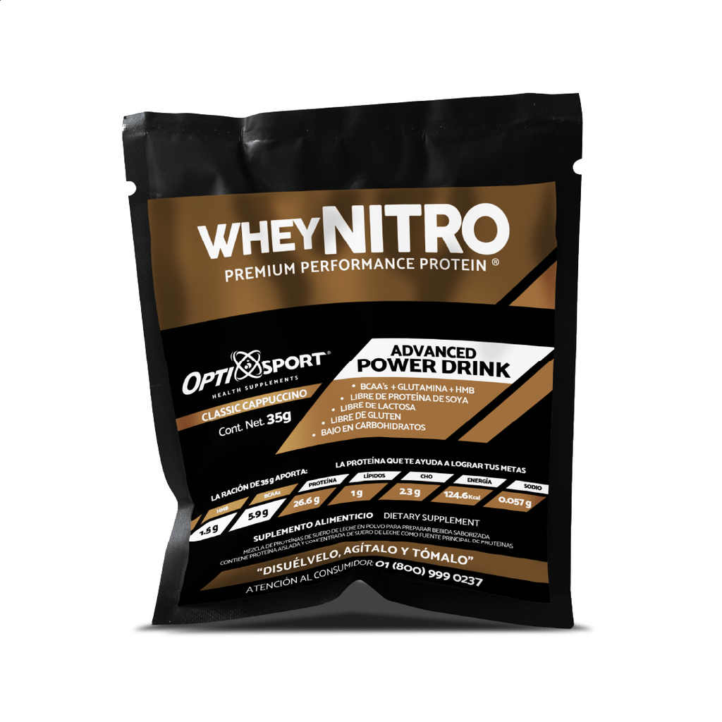 WHEYNITRO Proteína de Suero + HMB + BCAAs | 12 sobres de 35g | Sabor Capuchino