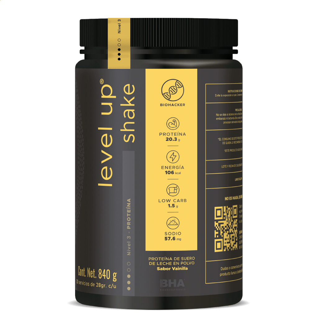 Level-Up Shake Vainilla: Proteína y energía con sabor suave y delicioso 840g
