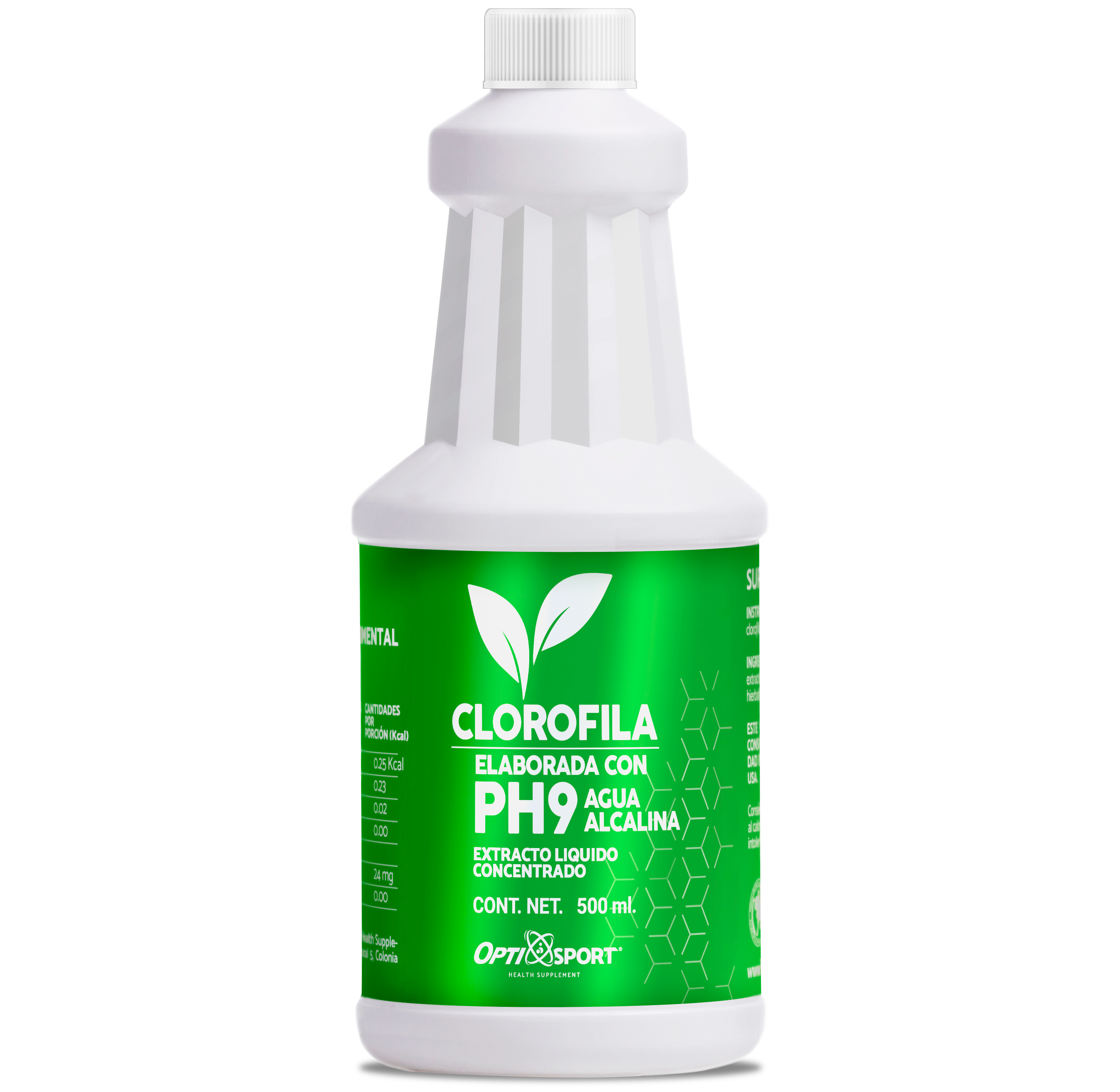 Botella de suplemento líquido de clorofila con etiqueta verde