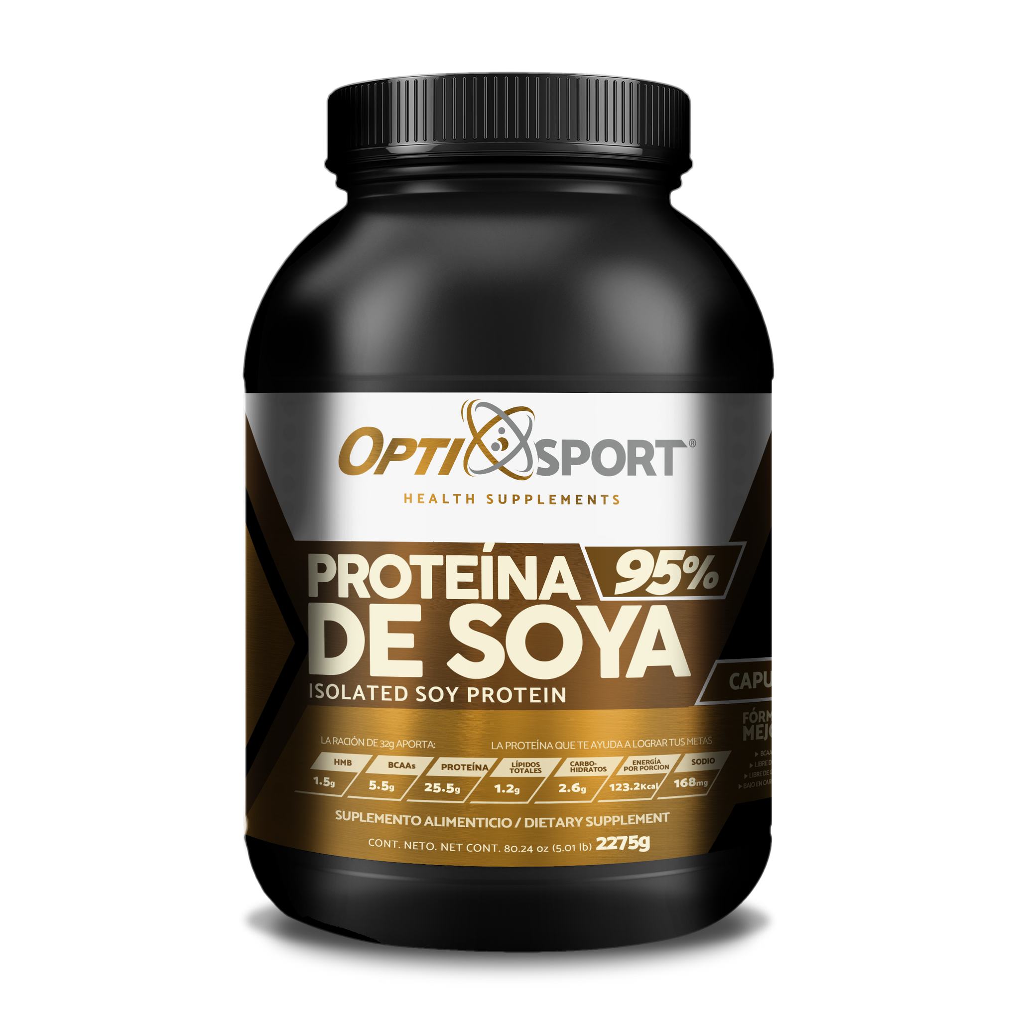 SOYA95 OptiSport Proteína de Soya +HMB + BCAAs, que NO Inflama, 25.5 g de proteína por servicio, 39 servicios | Sabor Capuchino | Bote con 1250 gr | Suplemento en Polvo | Proteína de Soya