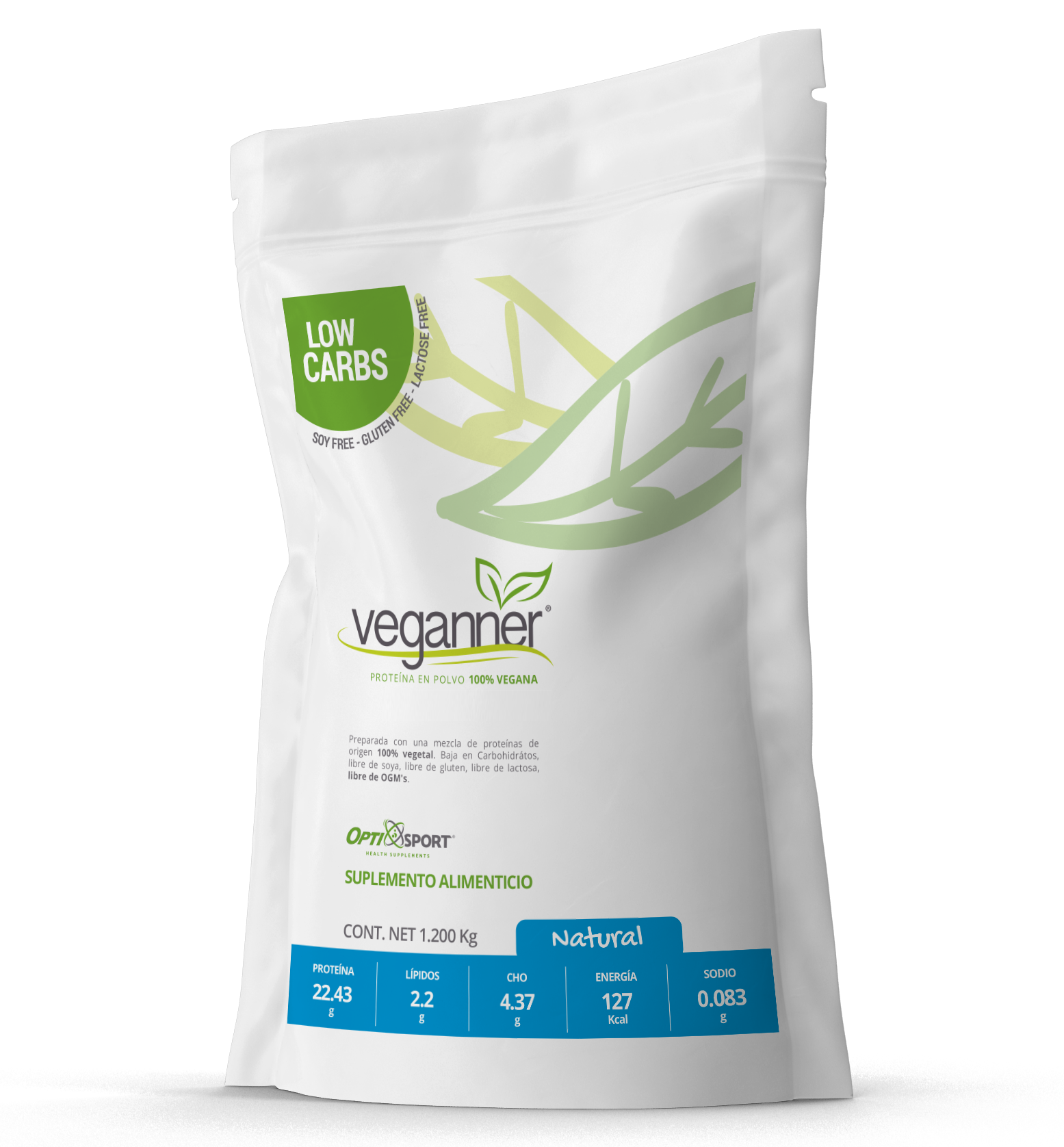 VEGANNER Proteína Vegetal (Vegana) Libre de OGMs, que NO Inflama, 22.4 g de proteína por servicio, 34 servicios | Sabor Natural | Bolsa con 1200 gr | Suplemento en Polvo | Proteína Vegana