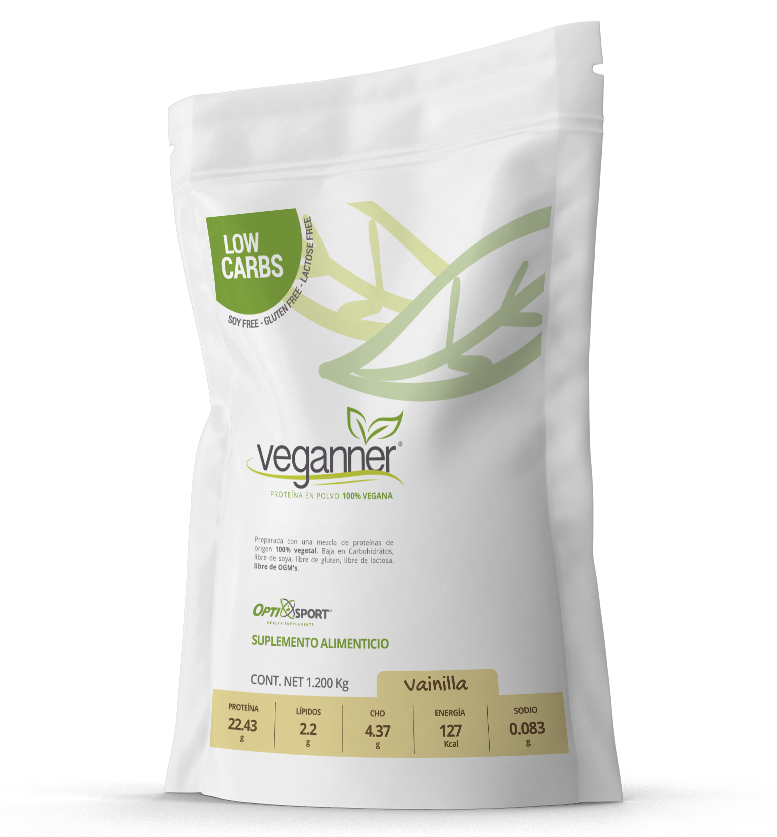 VEGANNER Proteína Vegetal (Vegana) Libre de OGMs, que NO Inflama, 22.4 g de proteína por servicio, 34 servicios | Sabor Vainilla | Bolsa con 1200 gr | Suplemento en Polvo | Proteína Vegana