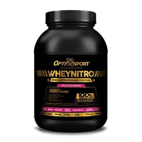 WHEYNITRO Proteína de Suero de Leche Micro filtrada +HMB + BCAAs, que NO Inflama, 26.6 g de proteína por servicio | 65 servicios Bote 2275 grs | Sabor Fresa | Suplemento en Polvo | Whey Protein