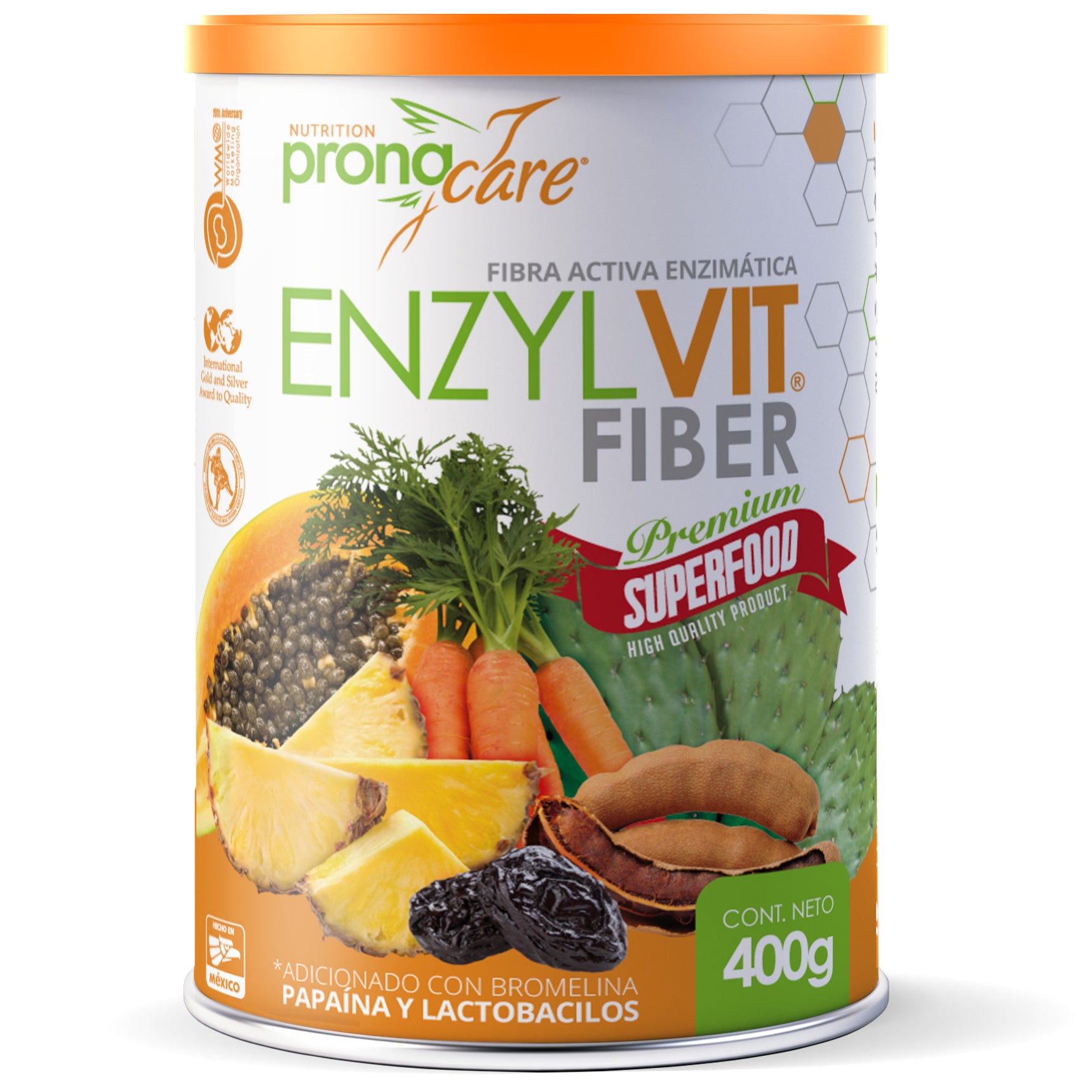 Fibra en Polvo 100% Vegetal Adicionada con Papaína y Bromelína + Lactobacilos | Lata de Fibra Activa Enzimática 400 gr | Suplemento